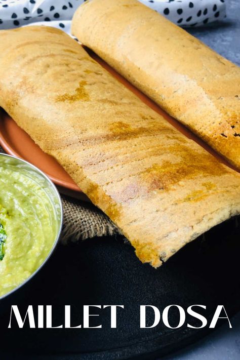 Millet dosa is a delicious variation of the regular rice-based dosa. My recipe uses foxtail millet and pearl millet along with black gram. The batter for millet dosa is fermented like regular dosa batter and tastes delicious with chutney and sambar. Millets Recipes, Millet Dosa Recipe, Breakfast Millet Recipes, Baked Millet Recipes, Millet Recipes Breakfast Indian, Healthy Dosa Batter Recipe, Foxtail Millets Recipes Indian, Dosa Batter Recipe, Millet Dosa Batter