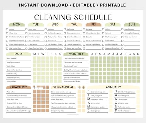 Minimalist simple cleaning schedule to help with household chores. Help keep your cleaning schedule organized in a clean easy way. Keep your week, month, and yearly chores organized with this editable chart you can personalize to fit your needs. The clear simple layout will help you accomplish the goals you are after for your home. The checklist helps you set goals and tackle each task. Effortlessly customize and start your cleaning routine! ** DIGITAL DOWNLOAD ** Size 8.5 x 11  ---------------- Chore Calendar For Adults, Daily Weekly Monthly Chores, Chore Chart For Adults, Household Chores Chart, Adult Chore Chart, Editable Cleaning Schedule, Chore Organization, Monthly Cleaning Checklist, Easy Cleaning Schedule