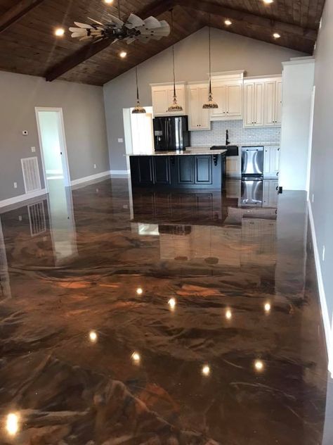 Finished Basement Stained Concrete, Barndominium Concrete Floors, Pole Barn Kitchen, Tile Patterns Floor, Concrete Floor Kitchen, Concrete Floors In House, Marble Floor Tiles, Shop Houses, Resin Floor