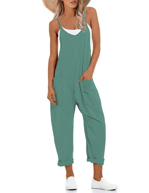 PRICES MAY VARY. Material: Spaghetti strap summer jumpsuits made of 60% polyester + 35% cotton and 5% spandex, soft and stretchy, comfortable to wear. Features: Loose fit overalls for women, long baggy pants,loose style, v-neck design, spaghetti strap jumpsuits,sleeveless rompers ,casual summer outfits, with two sides pockets,solid color,standard size,suit for summer vacation, makes you look very chic. Occasion: Baggy overalls jumpers with pockets is suitable for casual, daily life,travelling,va Tank Jumpsuit Outfit, Florida Womens Fashion, Women Jumpsuit Outfits, Baggy Overalls, Summer Jumpsuit Casual, School Dinner, Summer Jumpsuits, Jump Suits, Free People Jumpsuit