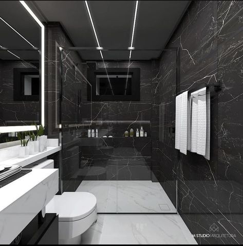 Black And White Washroom, Small Black And White Bathroom Ideas, Bathroom Interior Design Luxury Black, Black Bathroom Floor, Black Marble Bathroom, Bathroom Interior Design Luxury, Black Tile Bathrooms, Top Bathroom Design, Black Bathroom Decor