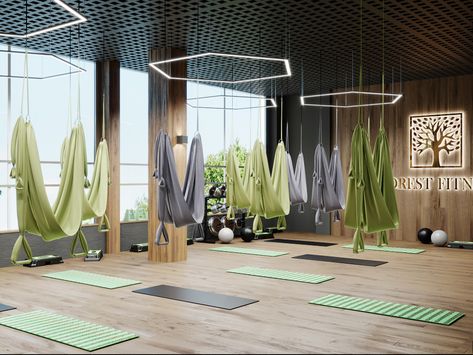 Modern Yoga Studio Design, Aerial Yoga At Home, Yoga Interior Design, Modern Yoga Studio, Goals Board, Flying Yoga, Modern Gym, Geometric Shapes Wallpaper, Moon Base