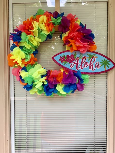 Dollar Tree Lei Wreath (only cost $7 dollars to make) Dollar Tree Summer Wreath Ideas, Hawaiian Wreath Diy, Dollar Tree Luau Decorations, Hawaiian Door Decorations Classroom, Hawaiian Christmas Wreath, Lei Wreath, Adult Luau Party, Diy Luau, Dollar Tree Patriotic Crafts