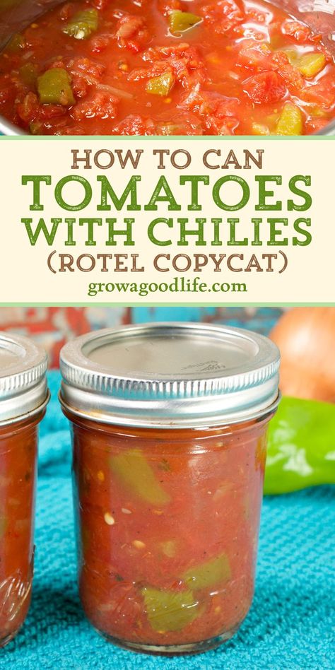 images of homemade rotel in a pot and a jar of home canned tomatoes and green chilies on a table with text overlay that reads how to can tomatoes with chilies learn more at grow a good life dot com Rotel Copycat Recipe, How To Make Rotel, Chili Canning Recipe, Homemade Rotel, Canned Tomato Recipes, Canned Salsa Recipes, Canning Tomatoes Recipes, Rotel Recipes, Food Storage Shelves