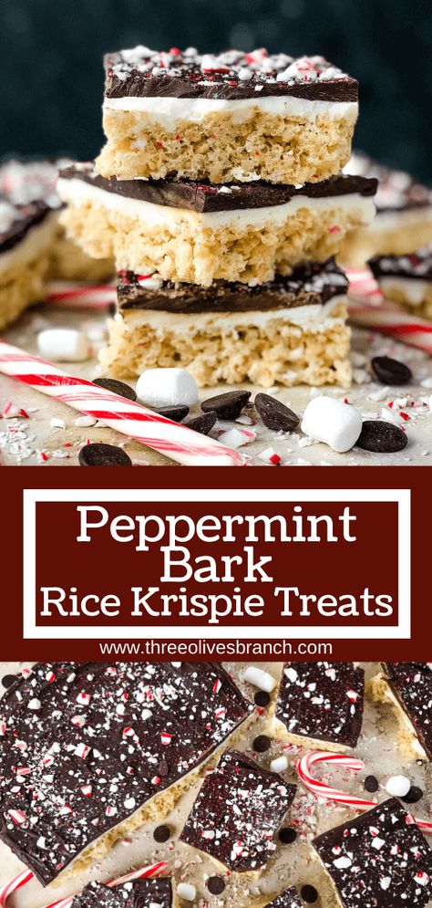 Peppermint Bark Rice Krispie Treats are a delicious Christmas rice krispie treats recipe. Made with puffed cereal, chocolate, and peppermint. A layer of peppermint bark on top of peppermint treats with marshmallows. Crispy Treats Recipe, Rice Treats, Peppermint Treats, Rice Cereal Treats, Peppermint Recipes, Christmas Yummies, New Year's Desserts, Christmas Peppermint, Krispie Treats Recipe