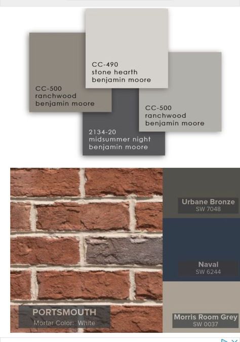 Outdoor Paint Colors For House With Brick, Red Brick Columns Front Porches, Colors That Match Red Brick, Brick House Dark Trim Exterior, Liberty Pewter Sherwin Williams, Outside Paint Colors Home Exteriors Gray, Colors For Red Brick House Exterior, House Paint Exterior Colour Schemes With Red Brick, Exterior Paint Colors With Brown Brick