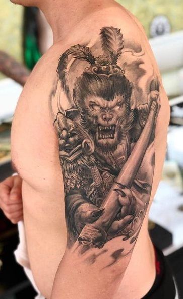 #sunwukong #monkeyking #sunwukongtattoo #monkeykingtattoo #journeytothewest #journeywest #chinesetattoo #chinesemythologytattoo #chinesemythology #sunwukongtattoos #monkeytattoo #monkey #dbztattoo #dragonballztattoo #femaletattoo #maletattoo #firetattoo #phoenixfire #tattoo #blackwork #sketchtattoo #coloredtattoo #blacktattoo #armtattoo #darkart #sleevetattoo #tattoosketch #toptattoo #viraltattoo #mentattoo #tats #tattooideas #tattoo #newtattooideas #tattoodesign #stenciltattoo Sun Go Kong Tattoo, Sun Wukong Tattoo, Sun Go Kong, Wukong Tattoo, Kent Tattoo, The Monkey King, Monkey Tattoos, Samurai Tattoo Design, Tattoo Meanings