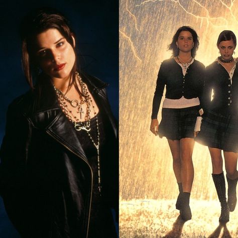 Bonnie Harper Costume - The Craft Check more at https://costumerocket.com/bonnie-harper-costume/ The Craft Bonnie, Witch Fancy Dress, The Craft Movie, Friend Costumes, Black Motorcycle Jacket, Neve Campbell, Pleated Skirt Short, Dress Suits For Men, Movies Outfit