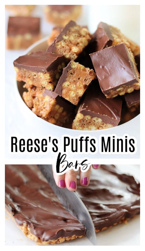 Reese's Puffs Minis Bars Reese’s Mini Cereal Bars, Mini Reese’s Puffs Treats, Reese’s Puff Cereal Bars, Reeses Cereal Recipes, Reeses Puffs Recipes, Mini Reeses Puffs Rice Crispy Treats, Reese’s Puffs Cereal Treats, Candy Brownies, Pb Recipes