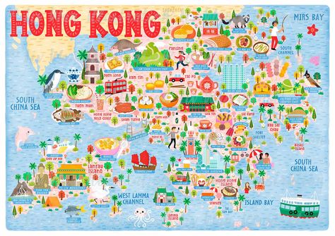 Hong Kong Poster, Hong Kong Print, Hong Kong Map, Hong Kong Art, Illustrated Maps, Christmas In Australia, Map Projects, Travel Collage, Tourist Map