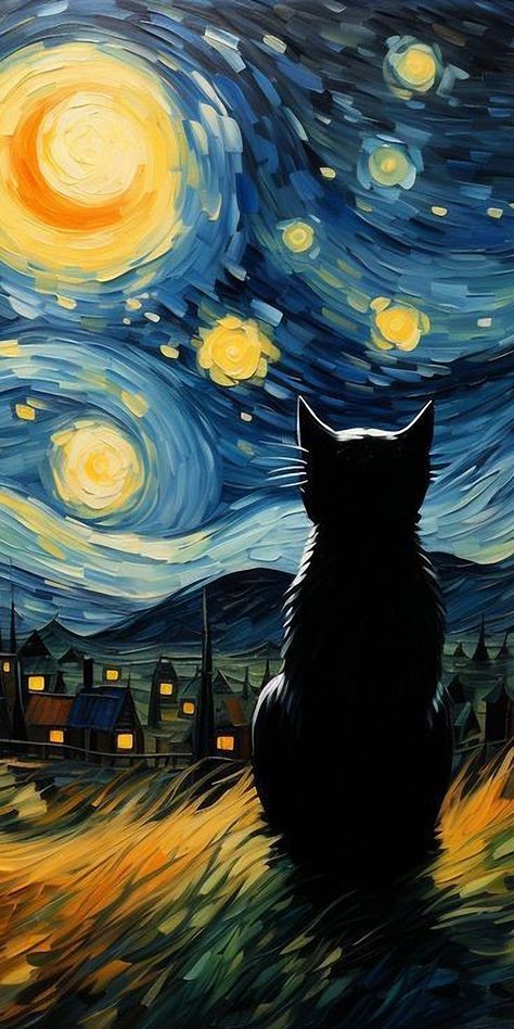 cats phone wallpapers فنسنت فان جوخ, Van Gogh Wallpaper, Starry Night Wallpaper, Wallpaper Gatos, Vincent Willem Van Gogh, Cat Phone Wallpaper, Black Cat Painting, Van Gogh Style, Starry Night Art