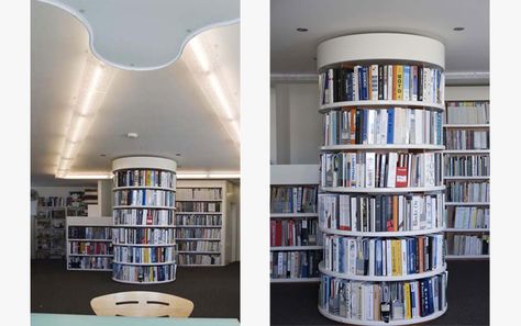 In a Surry Hills office a circular bookshelf wraps around a steel column.   The shape is ideal to store catalogue folders, as with their wed... Pillar Bookshelf, Column Bookshelf, Circular Bookshelf, Column Design Ideas, Columns Design, Study Designs, Column Shelves, Column Cladding, Column Ideas