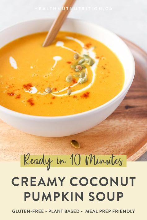 This rich and Creamy Pumpkin Coconut Soup made with pumpkin purée and coconut milk is packed full of flavour and ready in 10 minutes! Pumpkin Coconut Soup, Coconut Delight, Recipe With Coconut Milk, Coconut Soup Recipes, Harvest Soup, Pumpkin Bisque, Soup Hearty, Pumpkin Coconut, Creamy Pumpkin Soup