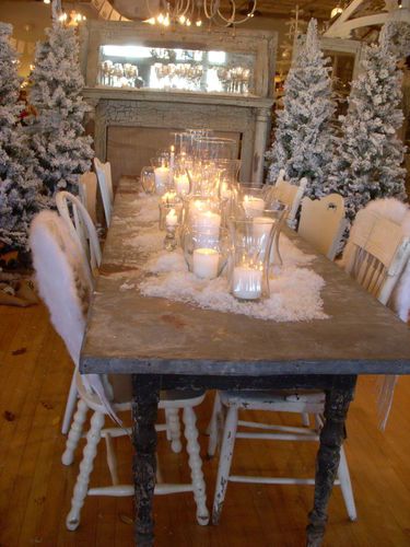 A rather rustic winter wonderland setting with candles & faux snow. Faux Snow Table Runner, Snow Tablescape, Snow Table Decorations, Candle Tablescapes, Winter Table Decorations, Winter Tablescapes, Christmas Dinner Table, Winter Table, Dining Table Centerpiece