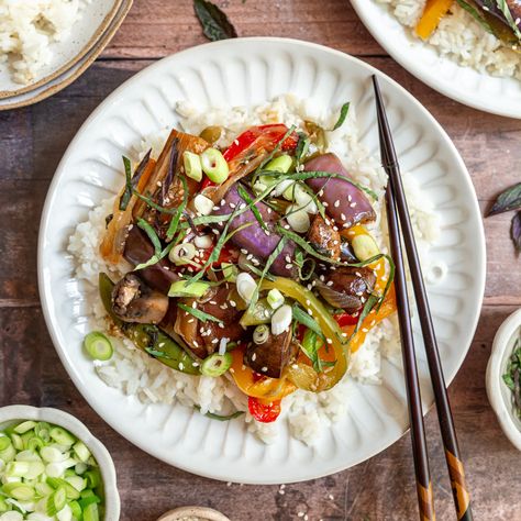 Thai Basil Eggplant Stir Fry (Vegan) Basil Eggplant, Stir Fry Vegan, Green Bean Stir Fry, Bean Stir Fry, Eggplant Stir Fry, Chinese Eggplant, Vegan Chinese, Teriyaki Tofu, Vegan Ideas