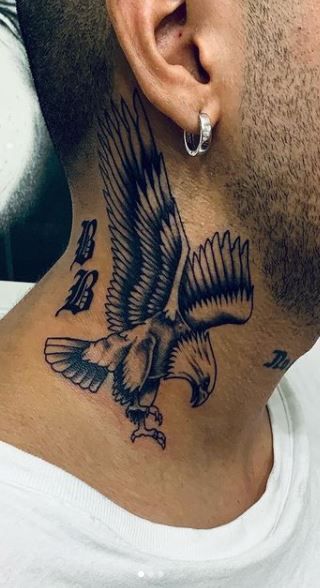 Falcon Neck Tattoo, Eagle Tattoo On Neck Men, Neck Wrap Tattoo, Eagle On Neck Tattoo, Tatoos Men Small Mens Tattoos, Neck Tattoo Eagle, Hawk Neck Tattoo, Eagle Neck Tattoo Men, Tattoo On The Neck For Man