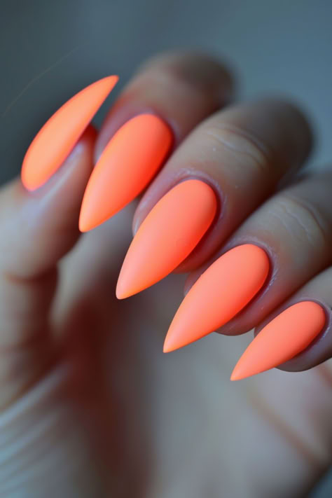 Neon Orange Zest Nail Design Orange Stiletto Nails Designs, Orange Sunset Nails, Sunset Orange Nails, Stiletto French Nails, Colorful French Nails, Orange Nail Design, Red Orange Nails, Ombre Nail Design, Bright Orange Nails