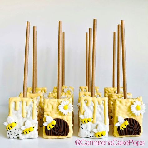 Sunflower And Bee Dessert Table, Bumble Bee Rice Krispie Treats, Bee Rice Krispie Treats, Bee Dessert Table, Bee Desserts, Rice Krispie Treats Variations, Appreciation Themes, Baker Baker, Sunflower Party