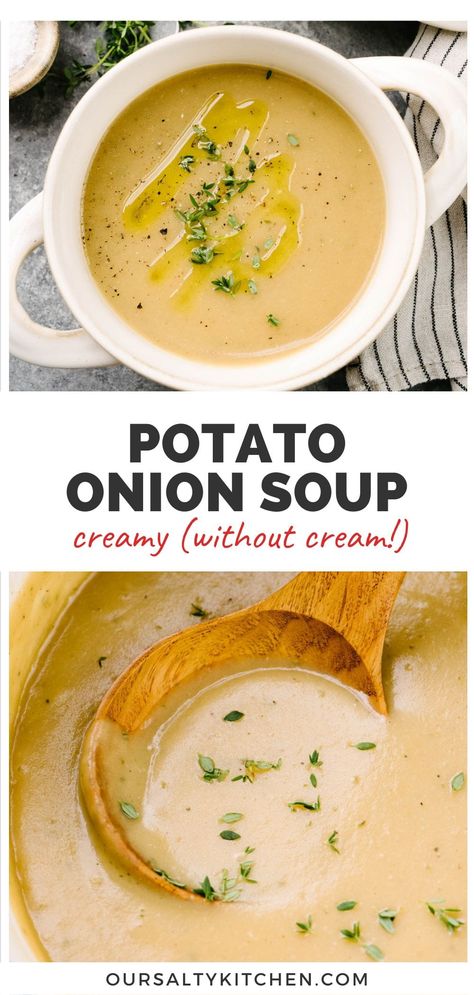 Potato Soup With Bone Broth, Potato Onion Soup Recipe, Sweet Onion Soup Recipe, Creamy Soups Without Cream, Soup Recipes No Cream, Smooth Potato Soup, Hearty Broth Soup Recipes, Roux For Potato Soup, Potato And Onion Soup Recipes