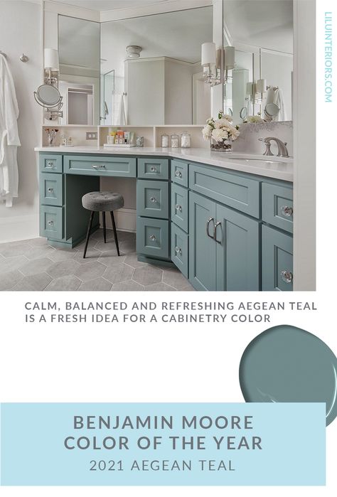 Benjamin Moore Bathroom Vanity Colors, Aegean Teal Bathroom, Teal Bathroom Cabinets, Aegean Teal Benjamin Moore, Barndominium Colors, Benjamin Moore Aegean Teal, Teal Kitchen Cabinets, Aegean Teal, Teal Cabinets