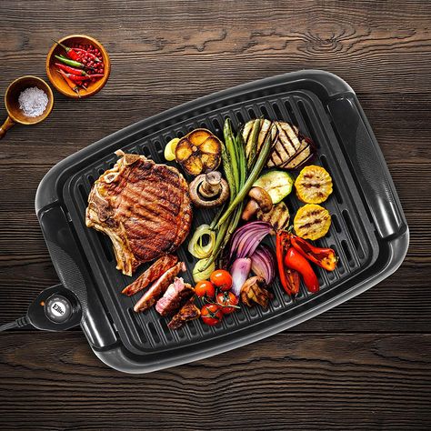 Maxi-Matic EGL-3450 Indoor Electric Non-Stick Grill Adjustable Thermostat, Dishwasher Safe, Faster Heat Up, Low-Fat Meals, Easy Clean Design, 13 x 9-inch, 12" x 9" Square #gangnamstylekoreanbbq Indoor Grill Recipes, Electric Bbq Grill, Indoor Electric Grill, Indoor Grills, Indoor Grill, Grill Plate, Electric Grill, Slow Cookers, Korean Bbq