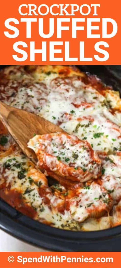 Crockpot stuffed shells are the perfect make-ahead dish! No-boil noodles are filled with a cheese and spinach mixture, topped with pasta sauce, and baked until tender and melted. This dish even freezes and reheats well for the perfect leftovers! #spendwithpennies #crockpotstuffedshells #stuffedpastashells #pasta #crockpot #slowcooker #maindish Crockpot Stuffed Shells, Lazy Crock Pot Lasagna, Stuffed Shells With Spinach, Pasta Crockpot, Spinach Stuffed Shells, Crockpot Pasta, Spinach Cheese, Hearty Comfort Food, Spend With Pennies