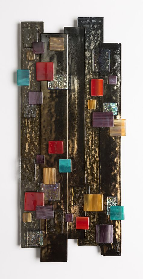 A Rainy Night In Times Square by Denise Bohart Brown (Art Glass Wall Sculpture) | Artful Home Pottery Mosaic, Glass Wall Sculpture, City Theme, Fused Glass Wall Art, Abstract Metal Wall Art, Kiln Formed Glass, Glass Fusing Projects, Reclaimed Wood Wall Art, Wall Wood