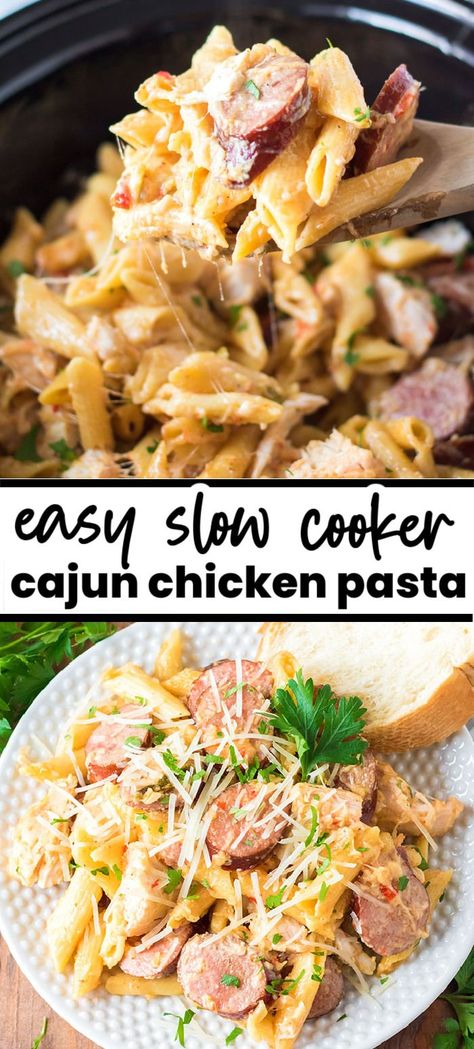 Creamy Cajun Chicken Pasta Crockpot, Slow Cooker Cajun Chicken Pasta, Crock Pot Cajun Chicken Pasta, Crockpot Cajun Chicken Pasta, Slow Cooker Cajun Chicken Alfredo, Slow Cooker Cajun, Sausage Crockpot Recipes, Cajun Chicken Pasta Recipe, Cajun Sausage Pasta