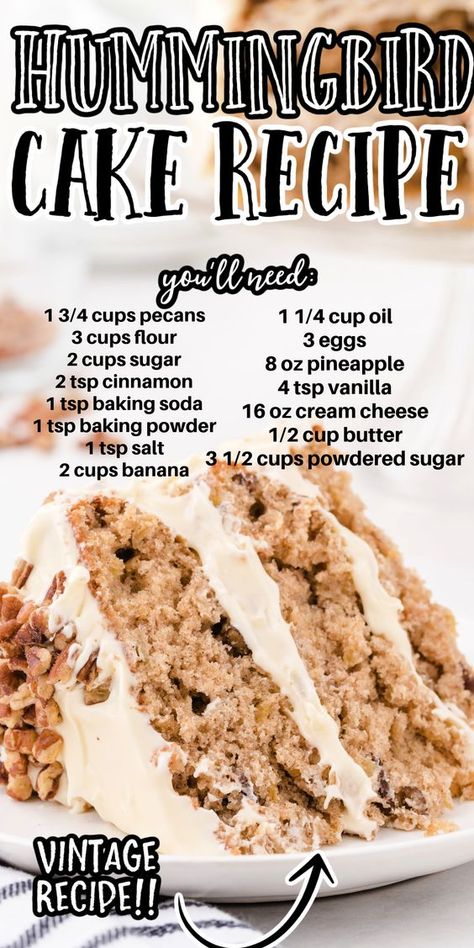 Deliciously Decadent Hummingbird Cake, Southern Hummingbird Cake, Love Bakes Good Cakes Recipes, Southern Cakes Homemade, Southern Baking Recipes, Hummingbird Cake From Box Recipe, Southern Cake Recipes, Hummingbird Food Recipe, Hummingbird Cake Recipe