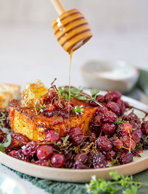 Crumbed Feta with Roasted Grapes and Honey Kitchen Budget, Roasted Grapes, Nourishing Food, Grape Recipes, Slow Cooked Lamb, Homemade Hummus, Party Dishes, Easy Entertaining, Cheese Boards