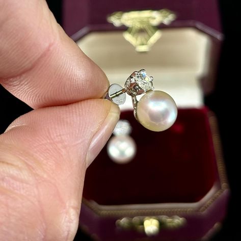 Pearls and Diamonds are such an elegant combination. These stud earrings are from circa 1920’s, and they are set with 7.7mm Akoya Pearls sitting snuggly below claw set round brilliant cut Diamonds, totalling 0.44ct, set in 18K white gold. The lustre on the Akoya Pearls is really beautiful. DM us for enquiries 🐚 * Please note items over $5K are ‘pick up in store’. Sales items do not include resizing nor postage. ______________________________________ #antiquejewellery #ringsofinstagra... Akoya Pearls, Antique Jewellery, Round Brilliant Cut Diamond, Round Brilliant, Pick Up, In Store, Diamonds, White Gold, Stud Earrings