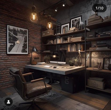 Amazon Industrial Decor, Coolest Home Office, Industrial Room Decor, Home Office Decor Dark, Male Home Office, Dual Office, Office Design Inspo, Home Office Dark, Office Goals