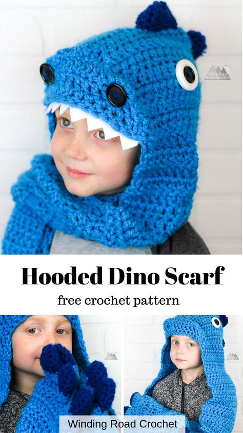 Crochet dinosaur hooded scarf for kids. Free crochet pattern by Winding Road Crochet. #dinosaur #scarf #crochetscarf #hoodedscarf Dinosaur Scarf, Dinosaur Hat Pattern, Crochet Dinosaur Hat, Dragon Scarf, Crochet Hooded Scarf Pattern, Winding Road Crochet, Crochet Kids Scarf, Scarf With Pockets, Crochet Caps