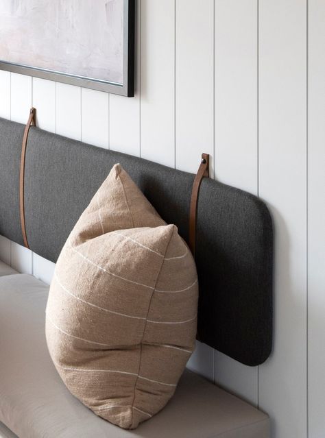 Breakfast Nook Hanging Cushions, Diy Hanging Cushion Headboard, Headboard Leather Straps, Hanging Cushions On Wall, Hanging Back Cushion, Leather Strap Back Cushion Banquette, Wall Pillow Headboard, Diy Industrial Headboard, Diy Headboard Cushion