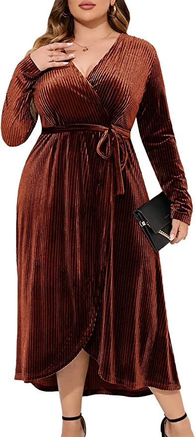 Amazon.com: ZOMVA Plus Size Velvet Wrap Dress Ribbed Long Sleeves Long Maxi Elegant Party Wedding Guest Cocktail, Rust Brown, XX-Large : Clothing, Shoes & Jewelry Silvester Outfit, Floral Wrap Maxi Dress, Velvet Wrap Dress, Fall Wedding Guest, Semi Formal Dress, Wrap Maxi Dress, Maxi Dress Wedding, Maxi Dress Party, Maxi Wrap Dress