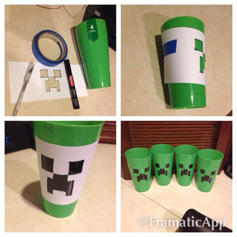 DIY minecraft creeper cups.. Buy green cup at dollar store, black marker for plastic, cut out creeper face... And give these for favors at a kids party (fill with goodies too) Minecraft Birthday Giveaways, Minecraft Chocolate Covered Oreos, Minecraft Party Centerpiece, Diy Minecraft Decorations, Minecraft Birthday Decorations, Diy Minecraft Birthday Party, Minecraft Bday, Back To School Gifts For Kids, Minecraft Party Decorations