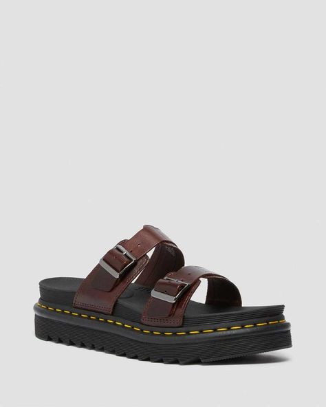 MYLES SLIP ON SANDALS | Dr. Martens Dr Martens Myles Sandals Outfit, Dr Martens Myles Sandals, Dr Martens Myles, Brown Dr Martens, Shoe Brushes, Sandals Outfit, Sandals Brown, Goodyear Welt, Leather Buckle