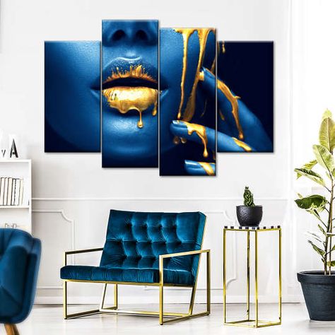 Art Wall Art | Canvas Prints | ElephantStock Liquid Gold Makeup, Blue And Gold Living Room, Makeup Wall Art, Blue Living Room Decor, Wall Art On Canvas, Space Light, Multi Panel Art, Gold Living Room, Gold Makeup