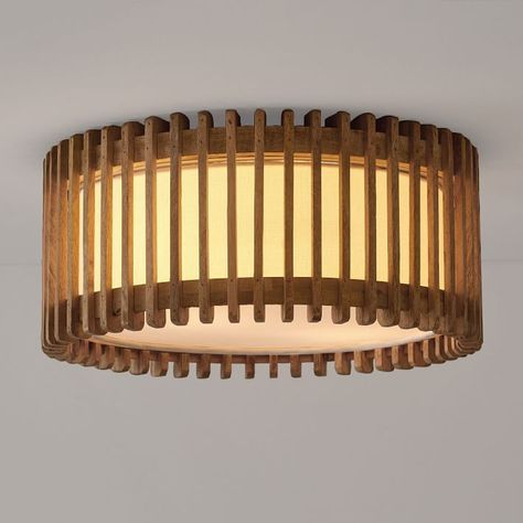 Blaine Wooden Drum Flushmount | Pottery Barn Teen Small Hanging Lights, Natural Pottery, Beaded Chandelier, Candelabra Bulbs, Wood Square, Pottery Barn Teen, Linen Shades, Flush Mount Lighting, Natural Tones