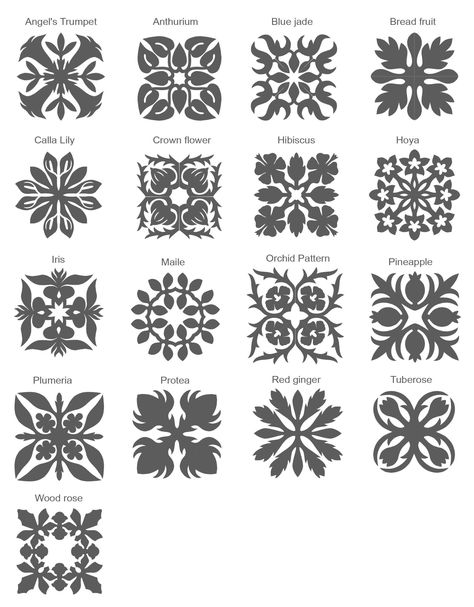 Hawaiian Embroidery Patterns, Hawaiian Quilt Blocks, Vintage Hawaiian Aesthetic, Hawaiian Quilts Traditional, Hawaii Symbols, Tivaevae Patterns, Hawaiian Pattern Design, Quilt Tattoo, Hawaiian Applique Quilt