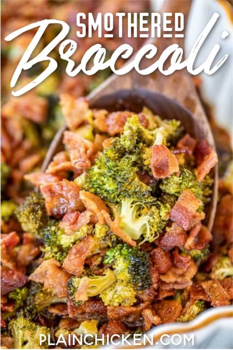 Smothered Broccoli - fresh broccoli baked in bacon, brown sugar, butter, soy sauce, and garlic. This is the most requested broccoli recipe in our house. Everybody gets seconds. SO good!! Great for a potluck. Everyone asks for the recipe! Super easy to make too! #broccoli #sidedish Broccoli With Bacon Recipes, Broccoli Bacon Recipes, Broccoli Bacon Side Dish, Broccoli And Bacon Recipes, Smothered Broccoli, Broccoli Bacon Casserole, Broccoli With Bacon, Oven Baked Broccoli, Bacon And Broccoli