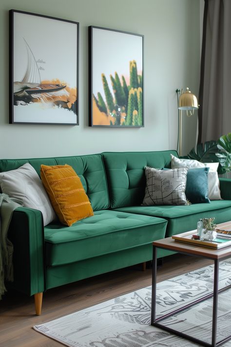 Green Sofa Bed In Living Room Design Ideas Green Sofa Ideas, Green Sofa Inspiration, Green Couch Decor, Green Sofa Bed, Green Corner Sofas, Modern Green Living Room, Green Sofas, Green Couch Living Room, Green Sofa Living Room