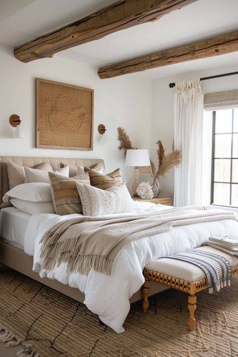 Boho Coastal Bedroom, Earthy Bedroom, Boho Style Bedroom, Scandinavian Bedroom, Eclectic Bedroom, Coastal Bedroom, Wooden Beams, Bedroom Boho, Farmhouse Bedroom