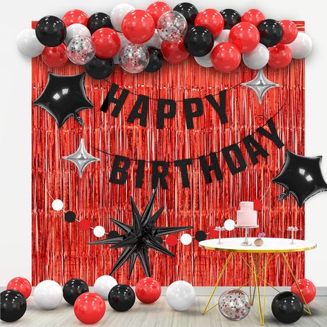 PRICES MAY VARY. 🎈【Red Birthday Decorations Set】- You will get 1pc Black Happy Birthday Banner, 2pcs Tinsel Foil Fringe Curtains backdrop (6.5*3.3ft), 2pcs Five-Star Shaped Foil Balloons(18inch),2pcsFour-Star Shape Foil Balloons(10inch), 35pcs Balloons,1pc Circle Dot Paper Garland. 🖤【Durable,High Quality Cardboard】-This classic black happy birthday banner is made with high quality eco-friendly paper, it is thick enough and could be used many times as long as you fold it up and put it away neat Red Birthday Surprise, Red And Black Decorations Party, Black Birthday Decorations, Photobooth Backdrop Birthday, Rosie Birthday, Red Happy Birthday, Curtains Backdrop, Birthday Decorations For Women, Red Party Decorations