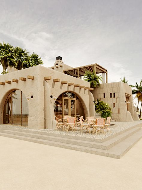 Desert Restaurant Design, Spa Exterior Design, Beach Cafe Design, Beach Hotel Design, Desert Compound, Beach Hotel Architecture, Beach House Architecture, Resort Interior Design, Bar Deco