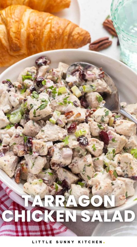 My favorite Tarragon Chicken Salad is creamy, savory, a bit sweet, and filled with dried cranberries, nuts, and herbs. Tarragon Recipes, Smoked Chicken Salad, Tarragon Chicken Salad, Walnut Chicken Salad, Little Sunny Kitchen, Cranberry Chicken Salad, Chicken Salad With Grapes, Tarragon Chicken, Cold Salads