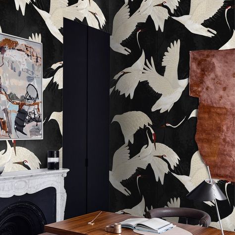 Dark Artsy, Black Heron, Chinoiserie Print, Asian Wallpaper, Flamingo Wallpaper, Banana Leaf Print, Japanese Print, Chinoiserie Wallpaper, Herons