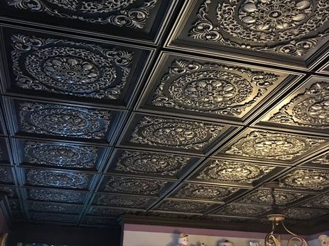 Ceiling Tiles Ideas & Photos - DecorativeCeilingTiles.net Brass Ceiling Tiles, Victorian Ceiling Tiles, Victorian Tin Ceiling, Black Ceiling Tiles Commercial, Speakeasy Ceiling Ideas, Tin Panel Wall, Tim Ceiling Tiles, Gothic Ceiling Design, Plastic Ceiling Design