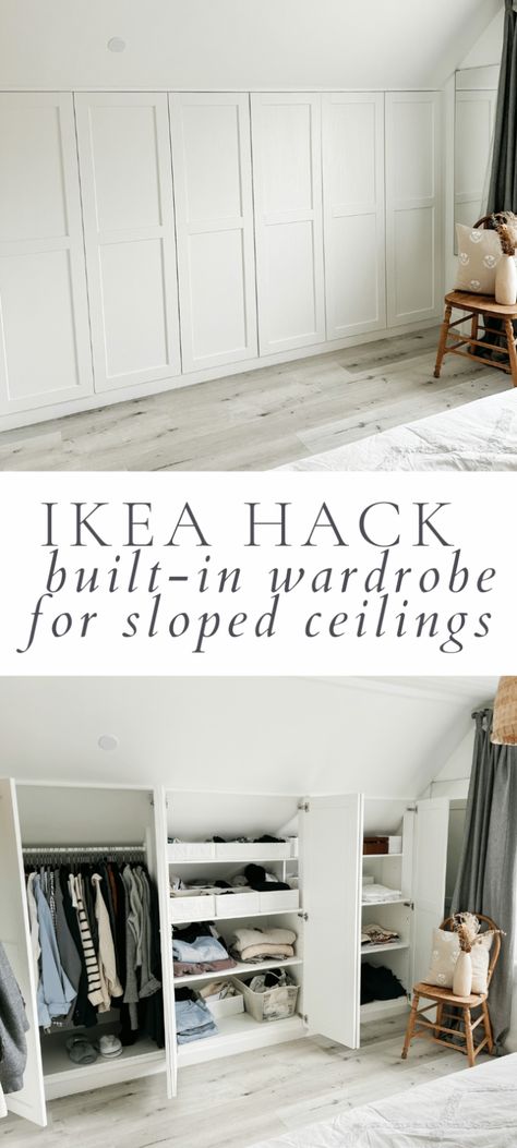 IKEA Sektion: Built-In Wardrobes For Sloped Ceilings | Emma Courtney Home Slanted Ceiling Bedroom, Sektion Cabinets, Sloped Ceiling Bedroom, Ikea Sektion Cabinets, Ikea Sektion, Built In Wardrobes, Attic Bedroom Storage, Slanted Walls, Closet Diy