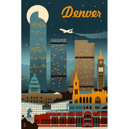 Denver Skyline, Vintage Films, Colorado Art, Denver Art, Retro Travel Poster, City Poster, Stretched Canvas Wall Art, Skyline Art, Denver Colorado